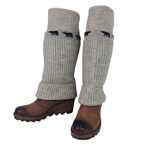 Sorel Women's SZ 11 Brown Gray Leather Crazy Cable Knit Sweater Wedge Boots Rare - Picture 2 of 9